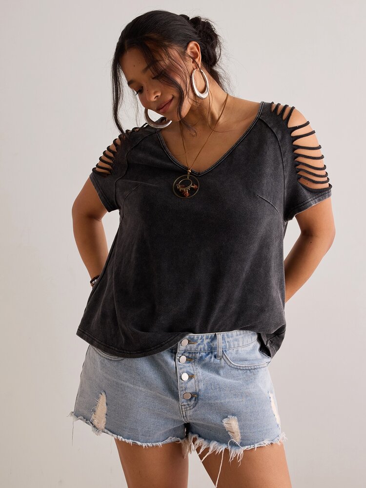 Freevana Plus Size Women's Vintage Casual Formal Country Sexy Distressed Gray Cold Shoulder Top,Punk Niche Hollow Out V-Neck T-Shirt,Loose Stretchy - Black - View 8