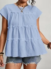 Freevana Camisa de talla grande de verano minimalista con textura y volantes en el borde, de unicolor - Azul - Ver 8