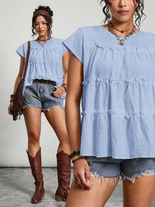 Freevana Camisa de talla grande de verano minimalista con textura y volantes en el borde, de unicolor - Azul - Ver 10