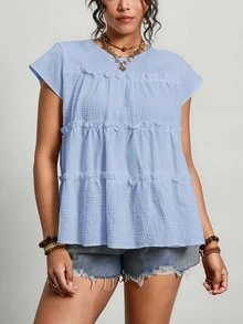 Freevana Camisa de talla grande de verano minimalista con textura y volantes en el borde, de unicolor - Azul - Ver 9