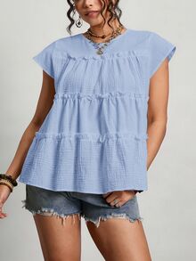 Freevana Camisa de talla grande de verano minimalista con textura y volantes en el borde, de unicolor - Azul - Ver 7