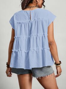 Freevana Camisa de talla grande de verano minimalista con textura y volantes en el borde, de unicolor - Azul - Ver 3