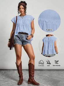 Freevana Camisa de talla grande de verano minimalista con textura y volantes en el borde, de unicolor - Azul - Ver 6