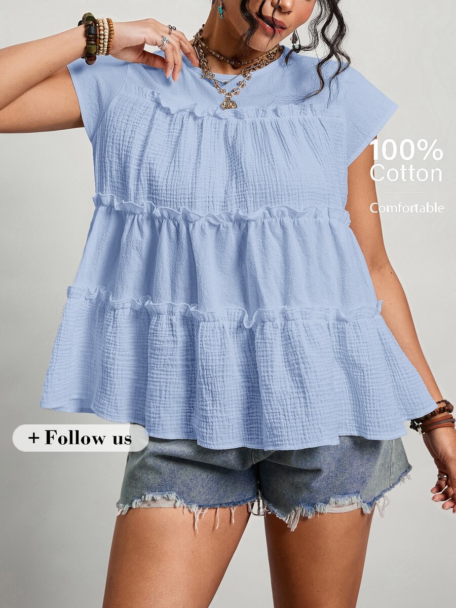 Freevana Camisa de talla grande de verano minimalista con textura y volantes en el borde, de unicolor