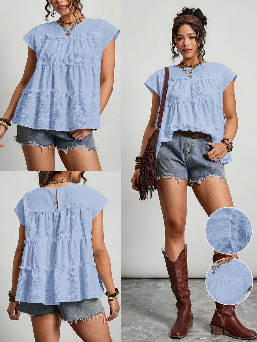 Freevana Plus Size Summer Minimalist Solid Color Textured Frill Trim Shirt