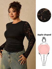 Travachic Plus Size French Fashion Lace Patchwork Round Neck Long Sleeve T-Shirt Fall - Black - View 11