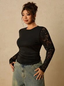 Travachic Plus Size French Fashion Lace Patchwork Round Neck Long Sleeve T-Shirt Fall - Black - View 4