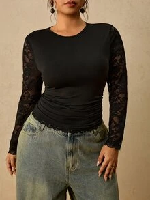 Travachic Plus Size French Fashion Lace Patchwork Round Neck Long Sleeve T-Shirt Fall - Black - View 10