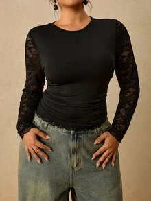 Travachic Plus Size French Fashion Lace Patchwork Round Neck Long Sleeve T-Shirt Fall - Black - View 6