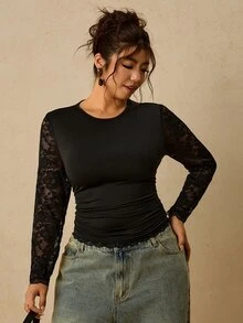 Travachic Plus Size French Fashion Lace Patchwork Round Neck Long Sleeve T-Shirt Fall - Black - View 7