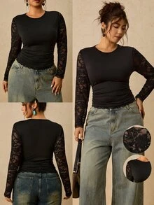 Travachic Plus Size French Fashion Lace Patchwork Round Neck Long Sleeve T-Shirt Fall - Black - View 12