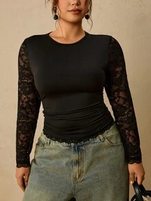 Travachic Plus Size French Fashion Lace Patchwork Round Neck Long Sleeve T-Shirt Fall - Black - View 8