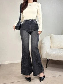 DAZY 女款純色圓領長袖保暖內裡休閒T恤，奶油白色冬季居家可愛上衣 - 米色 - 查看 8