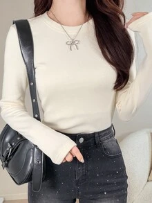 DAZY 女款純色圓領長袖保暖內裡休閒T恤，奶油白色冬季居家可愛上衣 - 米色 - 查看 4