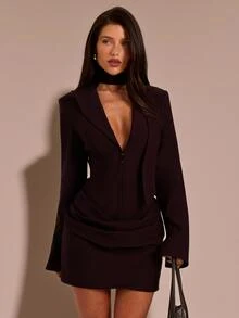 SHEIN BAE Herbst Burgunder Tiefer V-Ausschnitt Schwarzer Choker Langarm Tailliert Slim Fit Bodycon Minikleid Halloween Homecoming Ausgehen Club Dinner Party Sexy - Violett - Übersicht 1