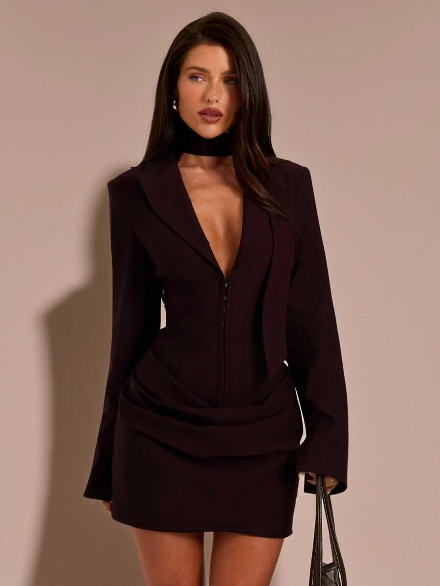 SHEIN BAE Herbst Burgunder Tiefer V-Ausschnitt Schwarzer Choker Langarm Tailliert Slim Fit Bodycon Minikleid Halloween Homecoming Ausgehen Club Dinner Party Sexy - Violett - Übersicht 1