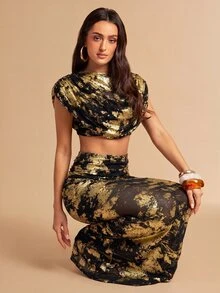 Silquee 女款金箔壓褶短版上衣與魚尾裙時尚套裝，優雅兩件式套裝，金箔面料，適合社交與戶外場合 - 黑色 - 查看 7