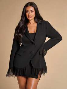 SHEIN BAE CURVE بليزر أسود مقاس كبير بياقة على شكل حرف V مع تطريز دانتيل أنيق - الأسود - مشاهدة 6