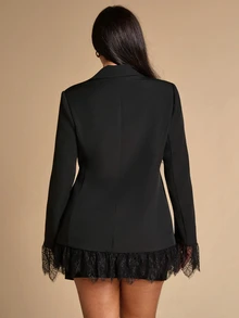 SHEIN BAE CURVE بليزر أسود مقاس كبير بياقة على شكل حرف V مع تطريز دانتيل أنيق - الأسود - مشاهدة 2