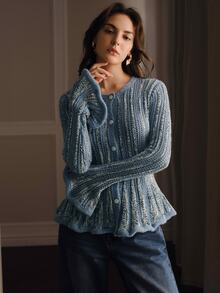 Anewsta Cardigan Rajut Longgar dan Nyaman Warna Biru untuk Wanita, Cocok untuk Liburan dan Jalan-jalan - Biru - View 4