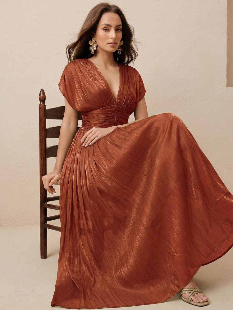 Anewsta Women's New Spring/Summer Elegant Shiny Noble V-Neck Pleated Shoulder Strap Dress, Waist-Flattering, Suitable For Party, Holiday, Gathering - Burnt Orange - View 1