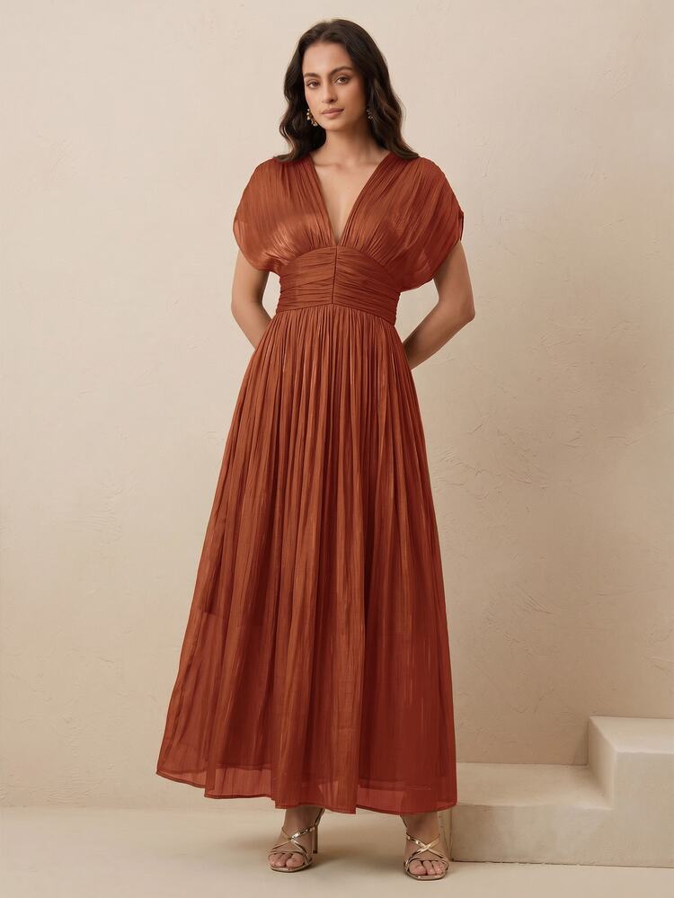 Anewsta Women's New Spring/Summer Elegant Shiny Noble V-Neck Pleated Shoulder Strap Dress, Waist-Flattering, Suitable For Party, Holiday, Gathering - Burnt Orange - View 6