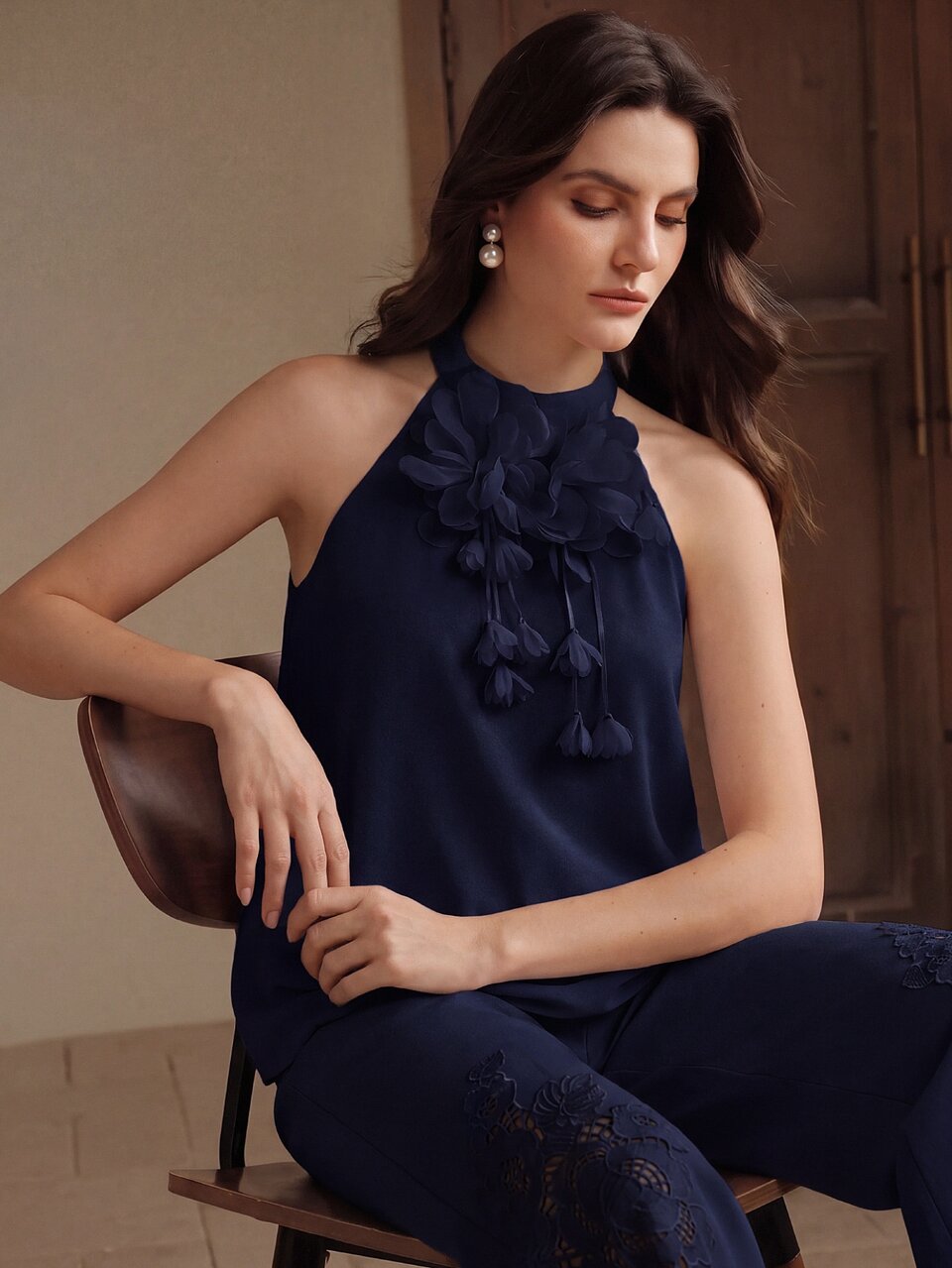 Anewsta New Women's Halter Neck Sleeveless Chiffon Top With 3D Floral Decor, Elegant Party, Vacation, Beach Outfit, Navy Blue