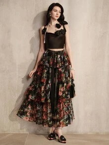 Anewsta Elegant Party Ruffled Floral Print Black Chiffon Skirt For Women - Black - View 7