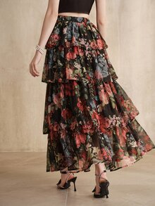 Anewsta Elegant Party Ruffled Floral Print Black Chiffon Skirt For Women - Black - View 3