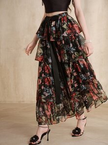 Anewsta Elegant Party Ruffled Floral Print Black Chiffon Skirt For Women - Black - View 5