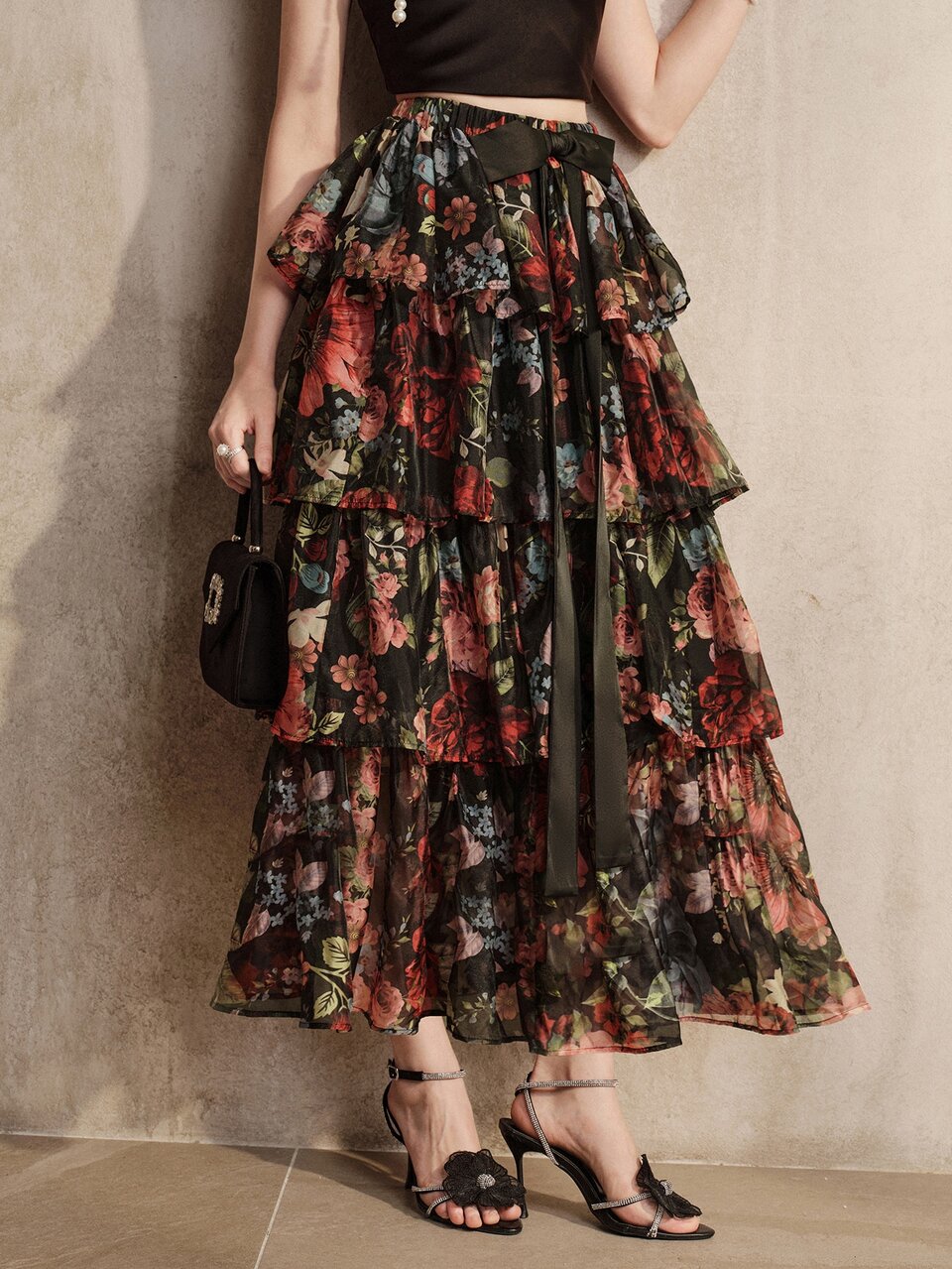 Anewsta Elegant Party Ruffled Floral Print Black Chiffon Skirt For Women