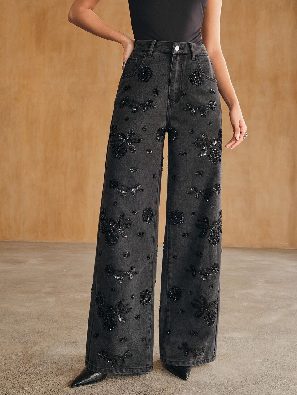 Anewsta Women's New Fashion Heavy Beaded & Sequined Elaborate Embroidered Black Straight Leg Jeans