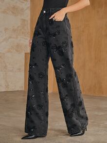 Anewsta Women's New Fashion Heavy Beaded & Sequined Elaborate Embroidered Black Straight Leg Jeans - Black - View 4
