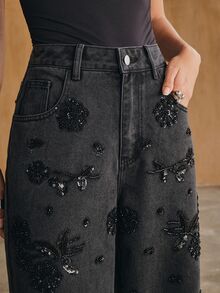 Anewsta Women's New Fashion Heavy Beaded & Sequined Elaborate Embroidered Black Straight Leg Jeans - Black - View 1