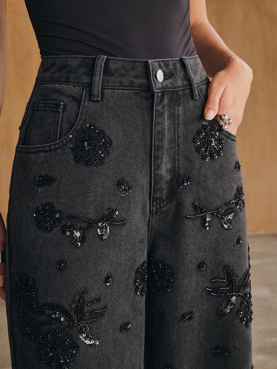 Anewsta Women's New Fashion Heavy Beaded & Sequined Elaborate Embroidered Black Straight Leg Jeans - Black - View 1