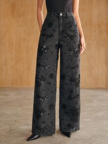 Anewsta Women's New Fashion Heavy Beaded & Sequined Elaborate Embroidered Black Straight Leg Jeans - Black - View 6