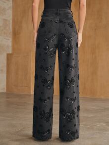 Anewsta Women's New Fashion Heavy Beaded & Sequined Elaborate Embroidered Black Straight Leg Jeans - Black - View 7
