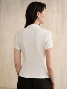 Anewsta Women's Elegant White Mock Neck Knit Top Rhinestone Beaded Slim Fit Short Sleeve Blouse For Office Ceremony - Pink - View 7