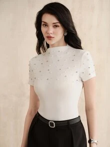 Anewsta Women's Elegant White Mock Neck Knit Top Rhinestone Beaded Slim Fit Short Sleeve Blouse For Office Ceremony - Pink - View 6