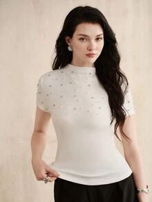 Anewsta Women's Elegant White Mock Neck Knit Top Rhinestone Beaded Slim Fit Short Sleeve Blouse For Office Ceremony - Pink - View 4