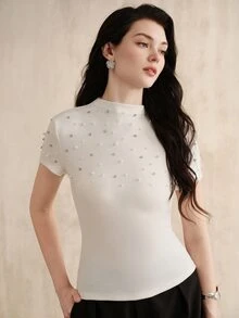 Anewsta Women's Elegant White Mock Neck Knit Top Rhinestone Beaded Slim Fit Short Sleeve Blouse For Office Ceremony - Pink - View 3