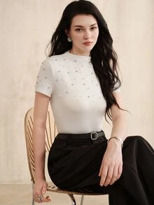 Anewsta Women's Elegant White Mock Neck Knit Top Rhinestone Beaded Slim Fit Short Sleeve Blouse For Office Ceremony - Pink - View 2