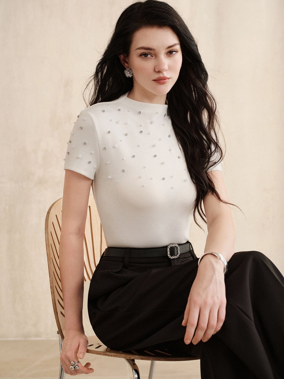 Anewsta Women's Autumn/Winter Luxury Elegant Commute Mock Neck Knitted Top With Bubble Beads And Scattered Rhinestones, Slim Fit Flattering Short Sleeve Blouse