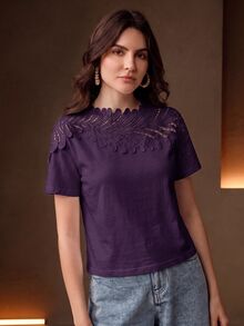 Anewsta Guipure Lace Yoke Solid Tee - Purple - View 6