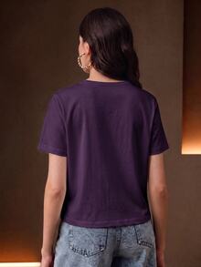 Anewsta Guipure Lace Yoke Solid Tee - Purple - View 8