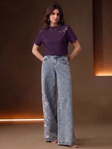 Anewsta Guipure Lace Yoke Solid Tee - Purple - View 4