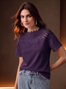 Anewsta Guipure Lace Yoke Solid Tee - Purple - View 3
