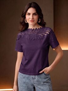 Anewsta Guipure Lace Yoke Solid Tee - Purple - View 2