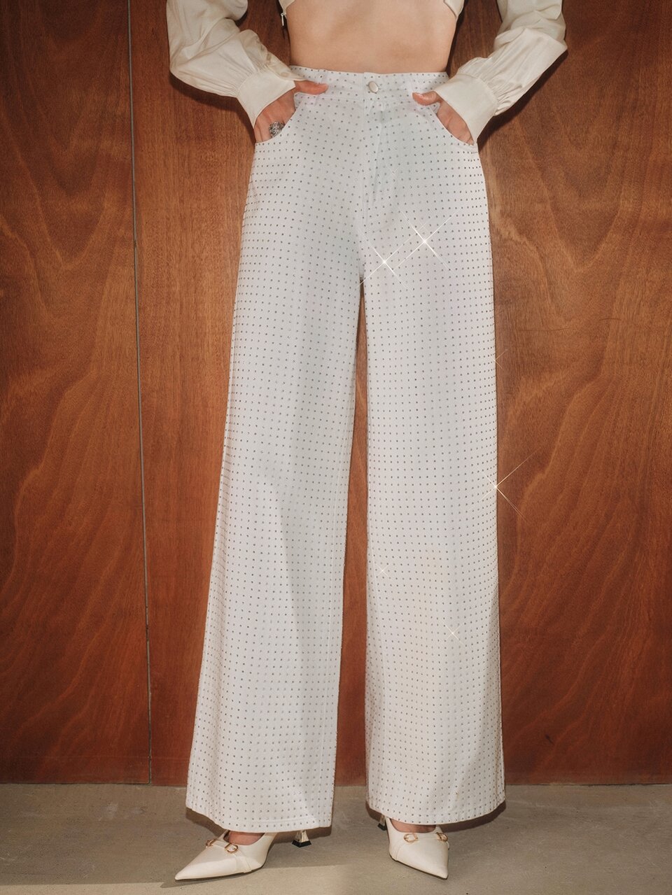 Anewsta Women's New Fashion Heavy Embellished Sparkling Rhinestone Summer Promotion Casual Vacation White Straight Leg Pants