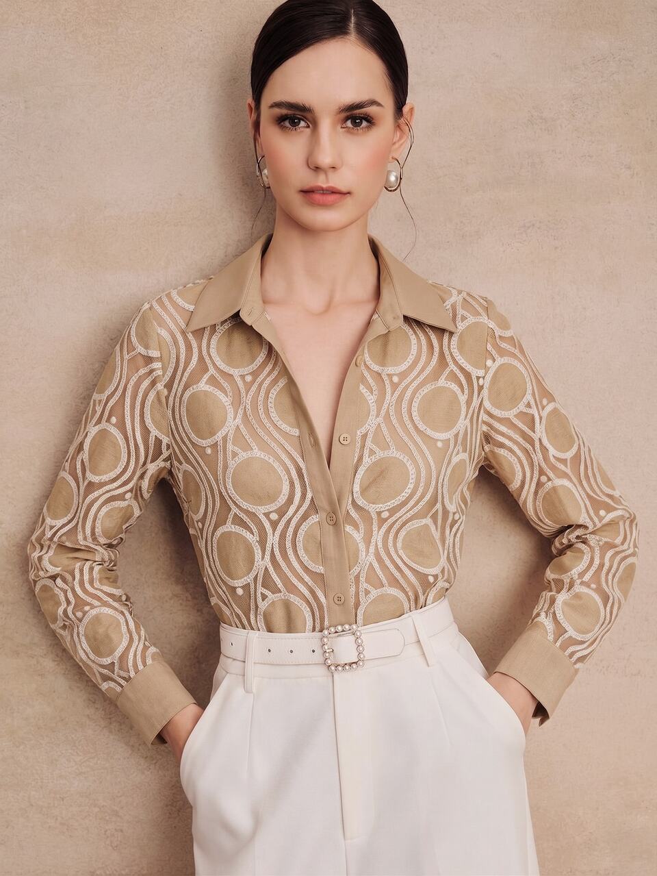 Anewsta Women's New Fashion Elegant Khaki Wavy Circle Art Floral Vintage Artistic Textured Lapel Long Sleeve Blouse